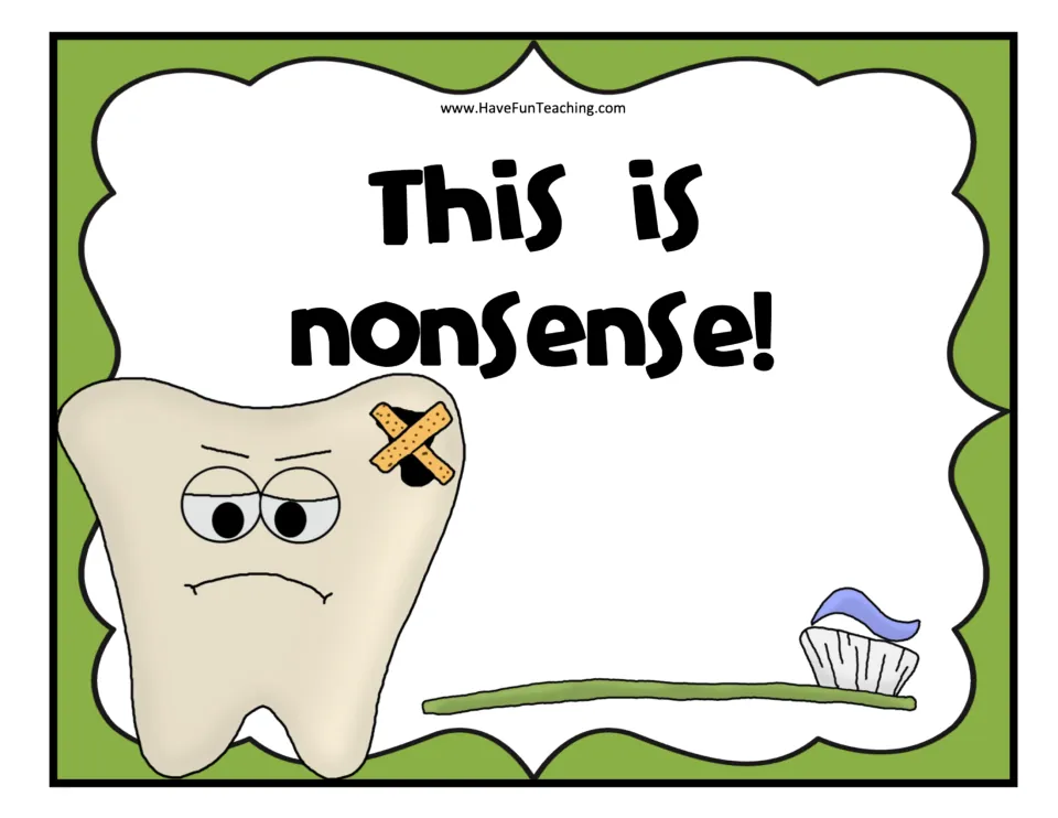 Sorting mat headed 'This is nonsense!' with a frowning bandaged tooth, where students place made-up CVC word cards
