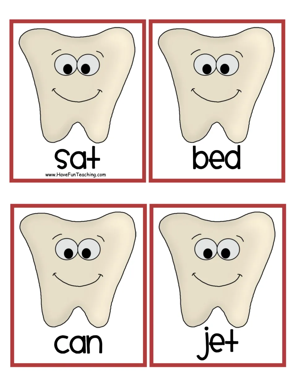 Tooth word cards for decoding real CVC words: sat, bed, can and jet, each printed under a smiling tooth