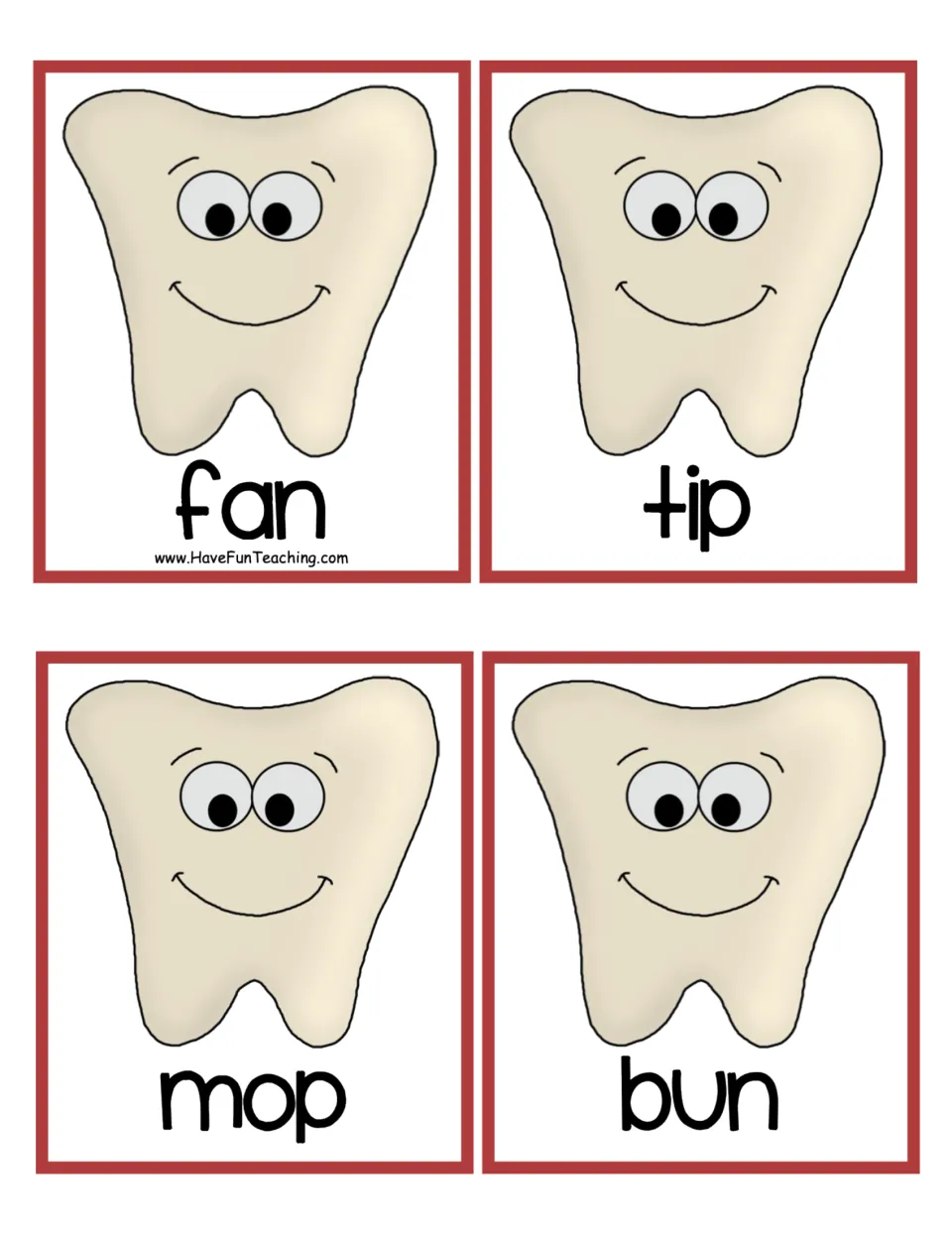 Tooth word cards for blending real CVC words: fan, tip, mop and bun, each printed under a smiling cartoon tooth