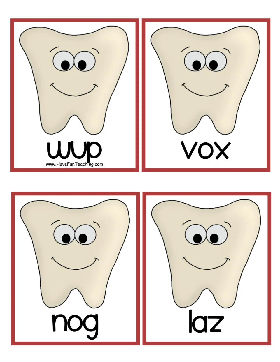 Tooth word cards with nonsense CVC words wup, vox, nog and laz for students to decode and sort as not real words