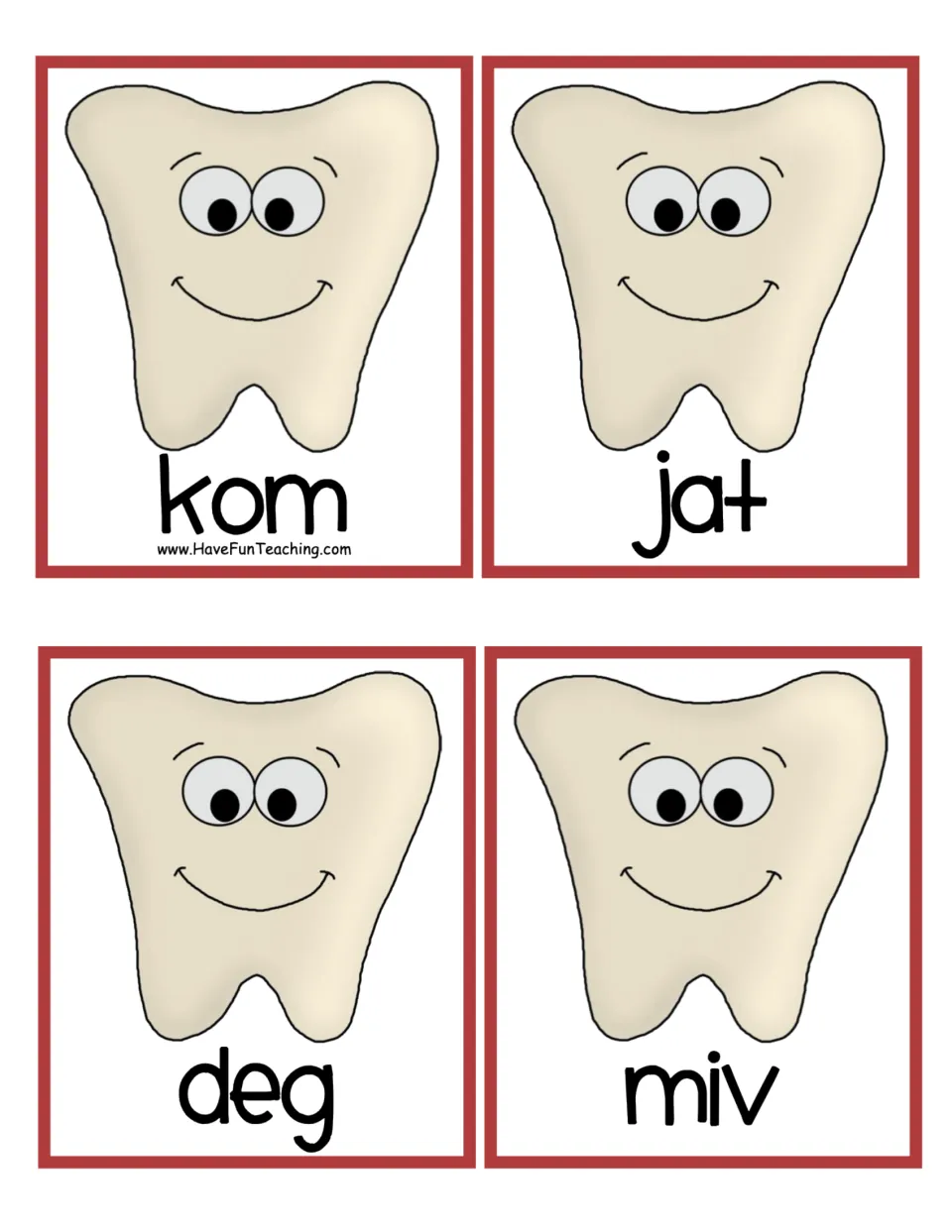 Tooth word cards with nonsense CVC words kom, jat, deg and miv for practising decoding made-up words in the sort