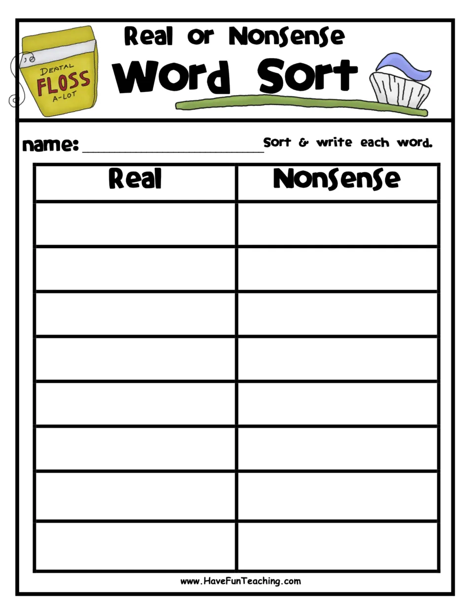 Real or Nonsense Word Sort recording sheet: students sort and write each CVC word under the Real or Nonsense heading