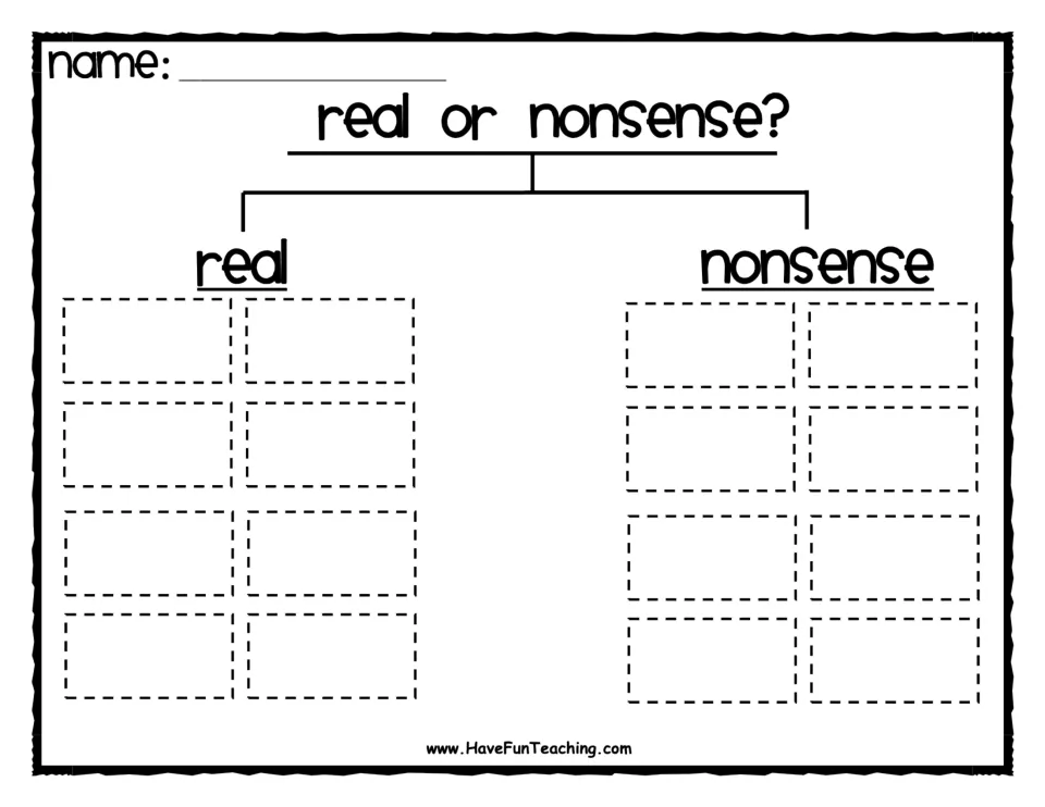 Real or nonsense? cut-and-glue mat: students paste eight word tiles under 'real' and eight under 'nonsense'