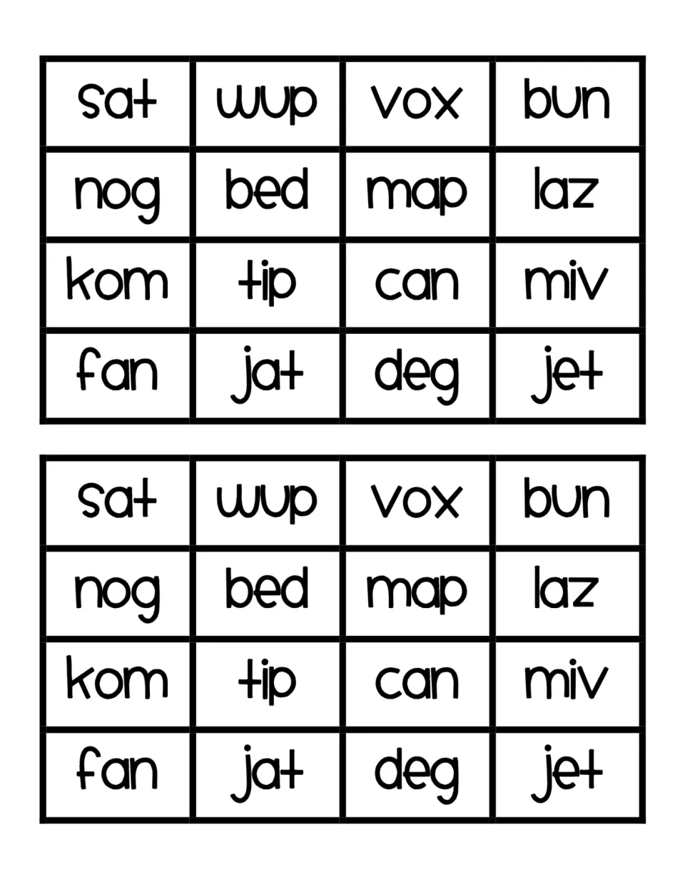 Word tiles to cut and glue on the sort mat, mixing real words like sat, map and jet with nonsense words like wup and laz