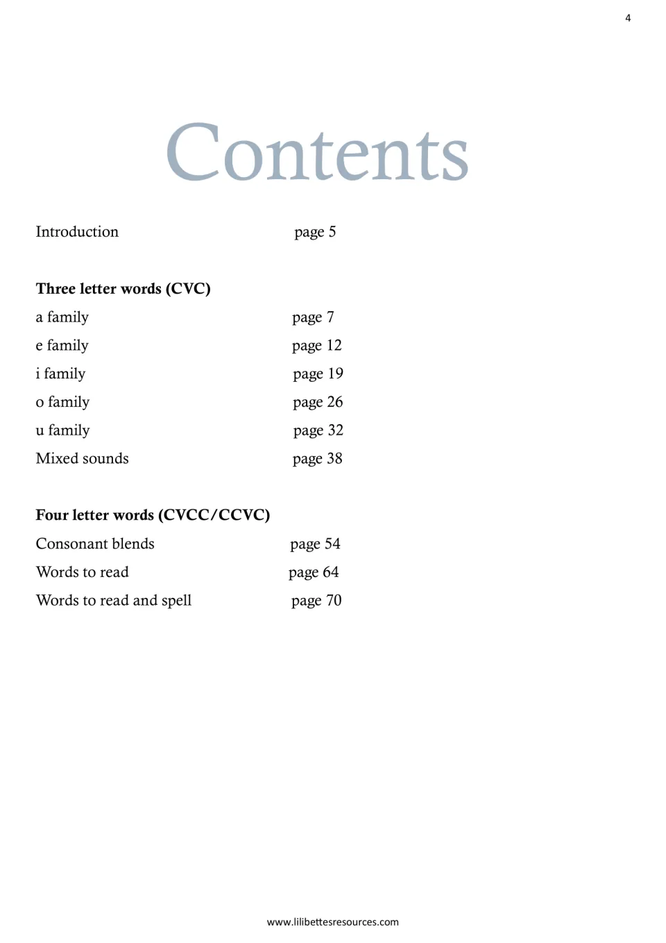 Contents list: CVC word families for a, e, i, o and u, mixed sounds, then CVCC/CCVC consonant blends and spelling