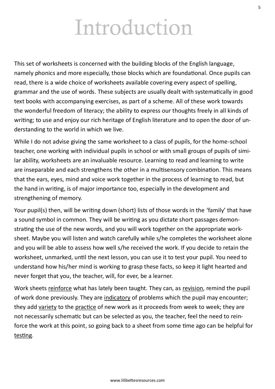 Introduction for teachers on phonics worksheets, word families, dictation and using sheets for review and testing