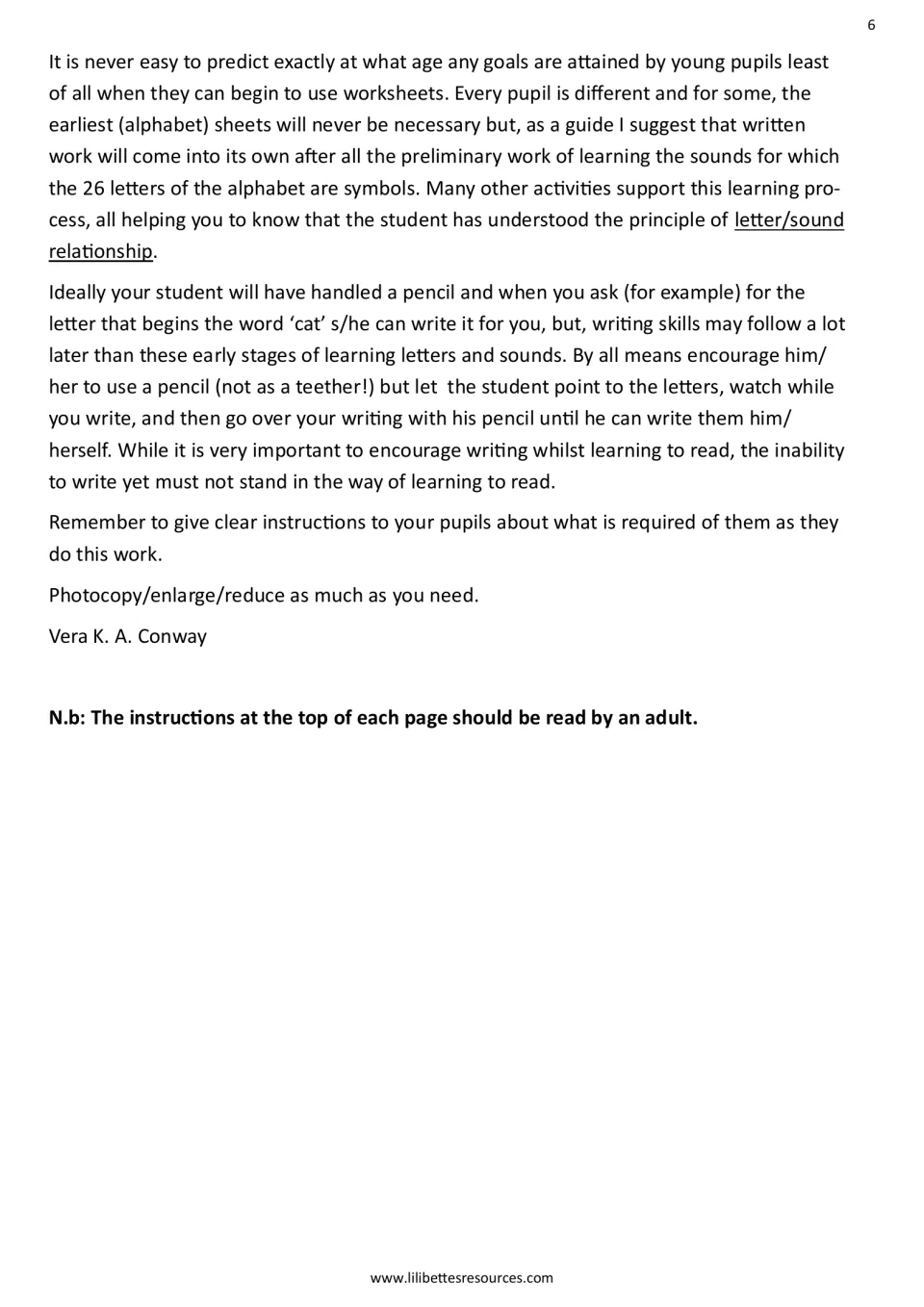 Introduction continued: advice on letter-sound readiness, early pencil use, and a note that adults read the instructions
