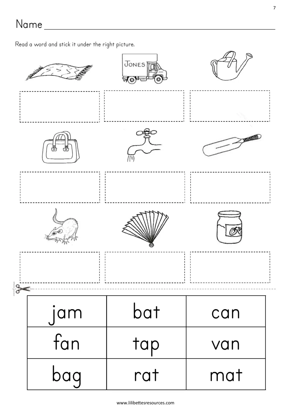 Short a CVC words: students read jam, bat, can, fan, tap, van, bag, rat and mat, then cut and stick each under its picture