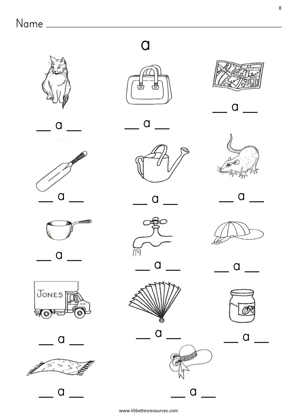 Short a word building: students write the first and last letters around the vowel a to name 14 pictures like cat and map