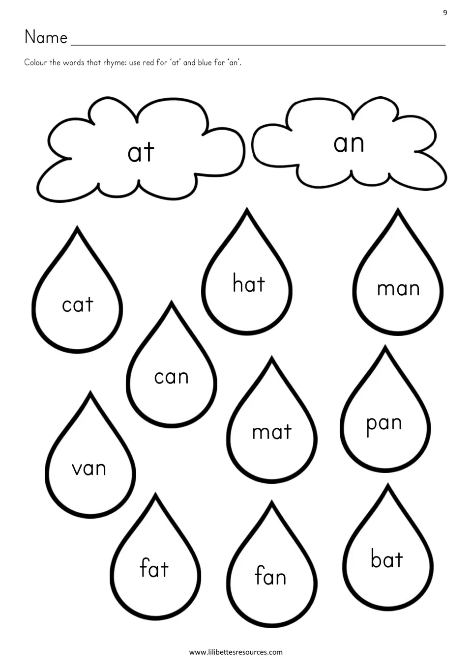 Rhyme colouring: students read 10 raindrop words and colour each red if it ends like cat or blue if it ends like man