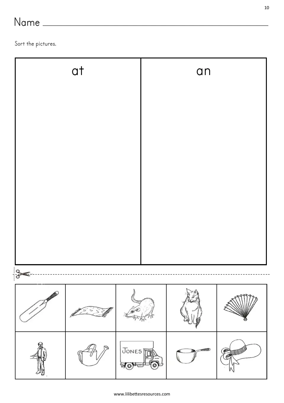 Picture sort for -at and -an: students cut out 10 pictures such as bat, cat, fan and van and glue them under at or an
