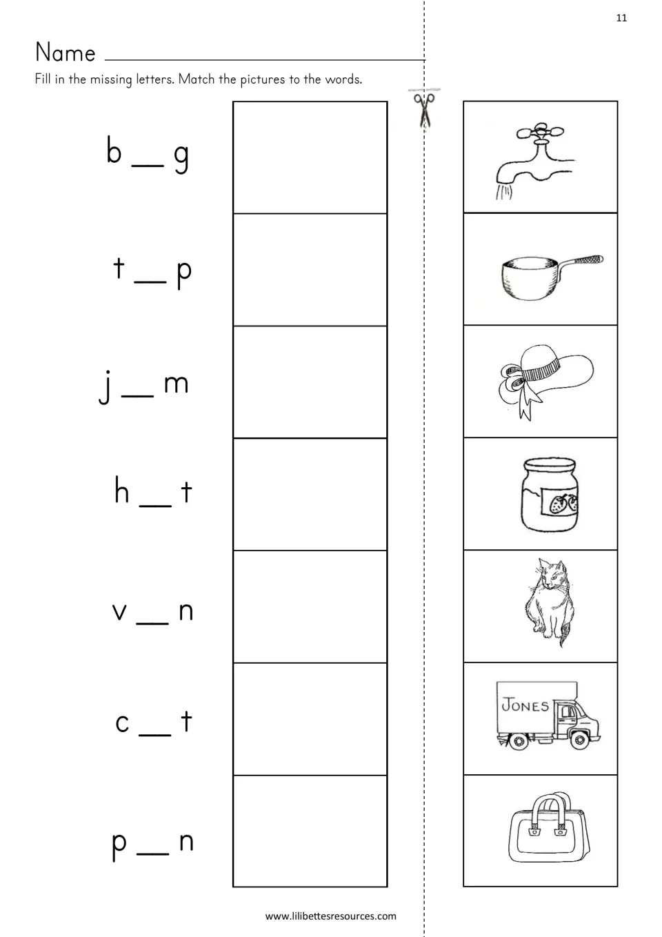 Missing vowel a: students complete b_g, t_p, j_m, h_t, v_n, c_t and p_n, then cut out pictures to match each word