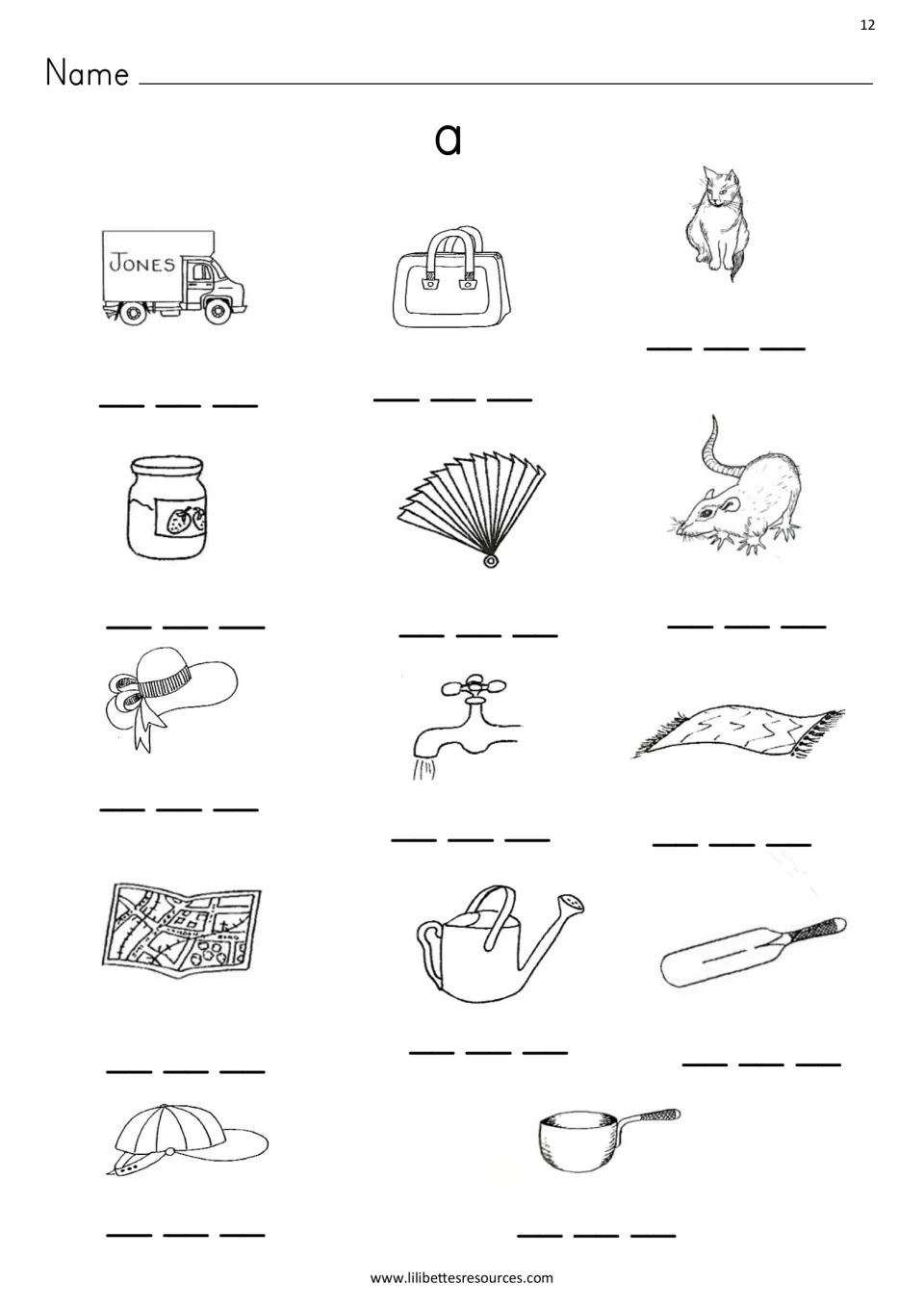 Short a spelling: students write all three letters for 14 CVC picture words, such as van, bag, cat, jam and rat