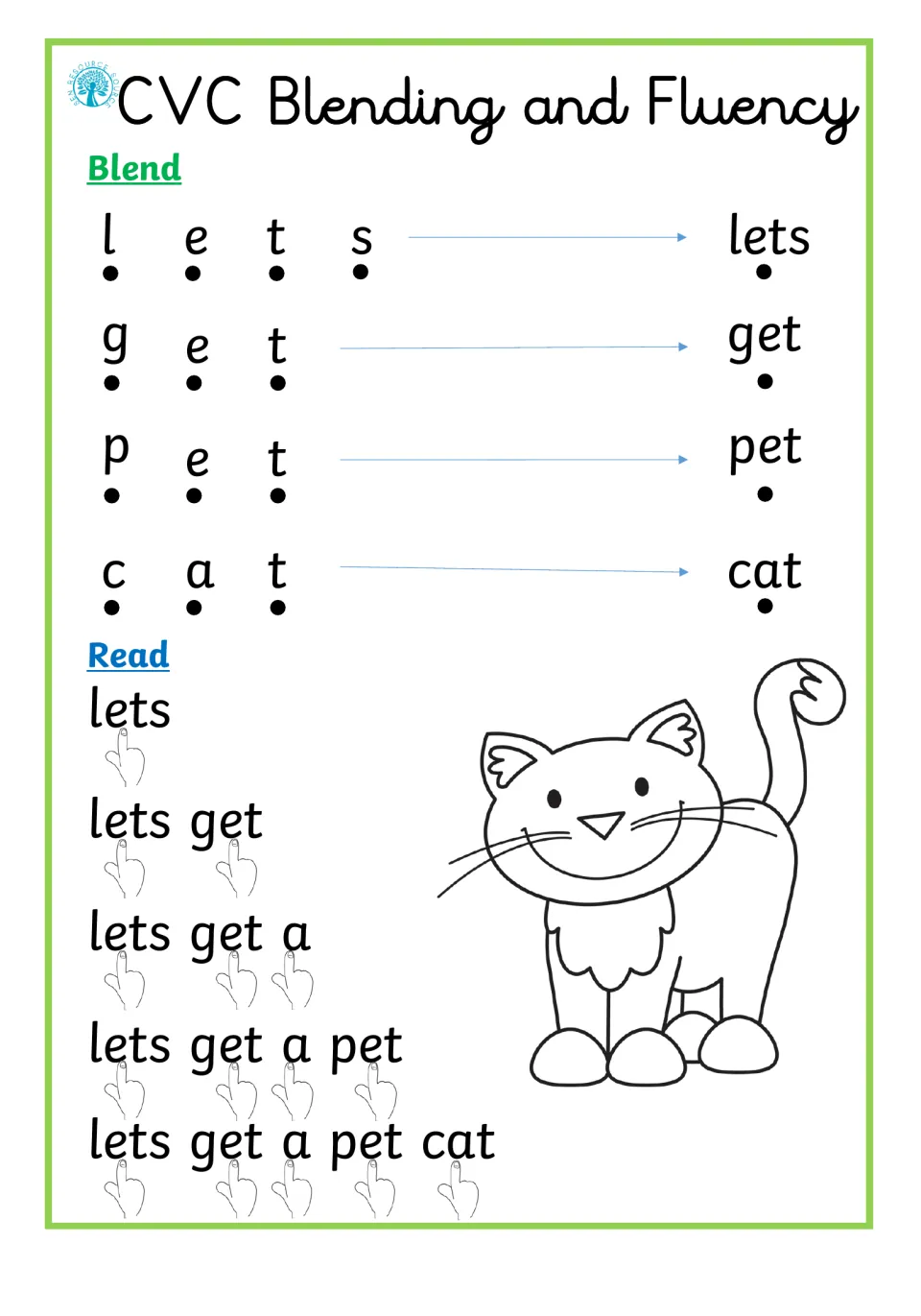 CVC blending of lets, get, pet and cat, then reading a phrase that grows to 'lets get a pet cat' while pointing