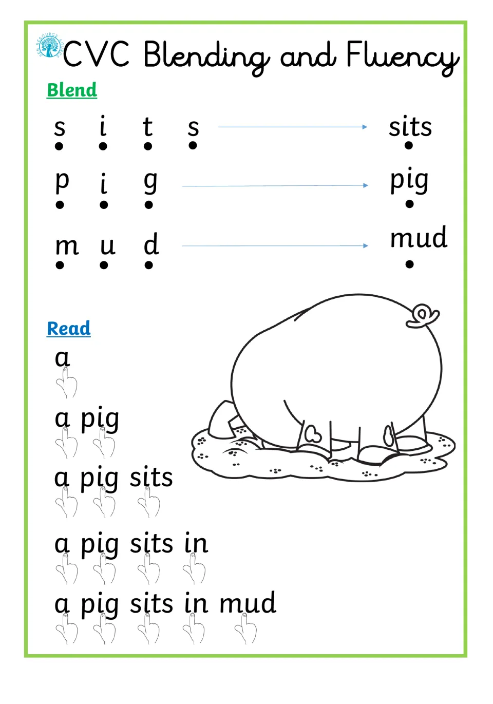 Blending sits, pig and mud letter by letter, then reading a phrase that grows word by word to 'a pig sits in mud'