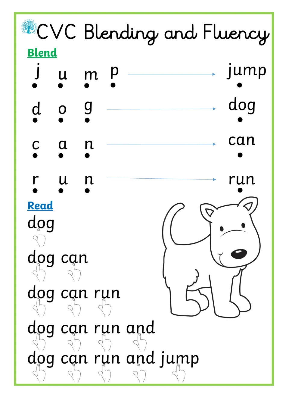 Blending jump, dog, can and run sound by sound, then reading a phrase that builds to 'dog can run and jump'
