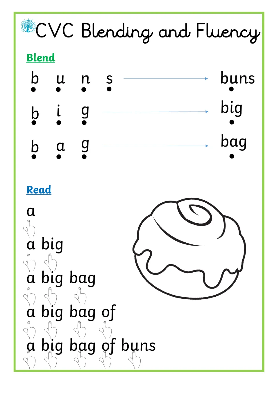Blending buns, big and bag from single sounds, then reading a cumulative phrase up to 'a big bag of buns' while pointing
