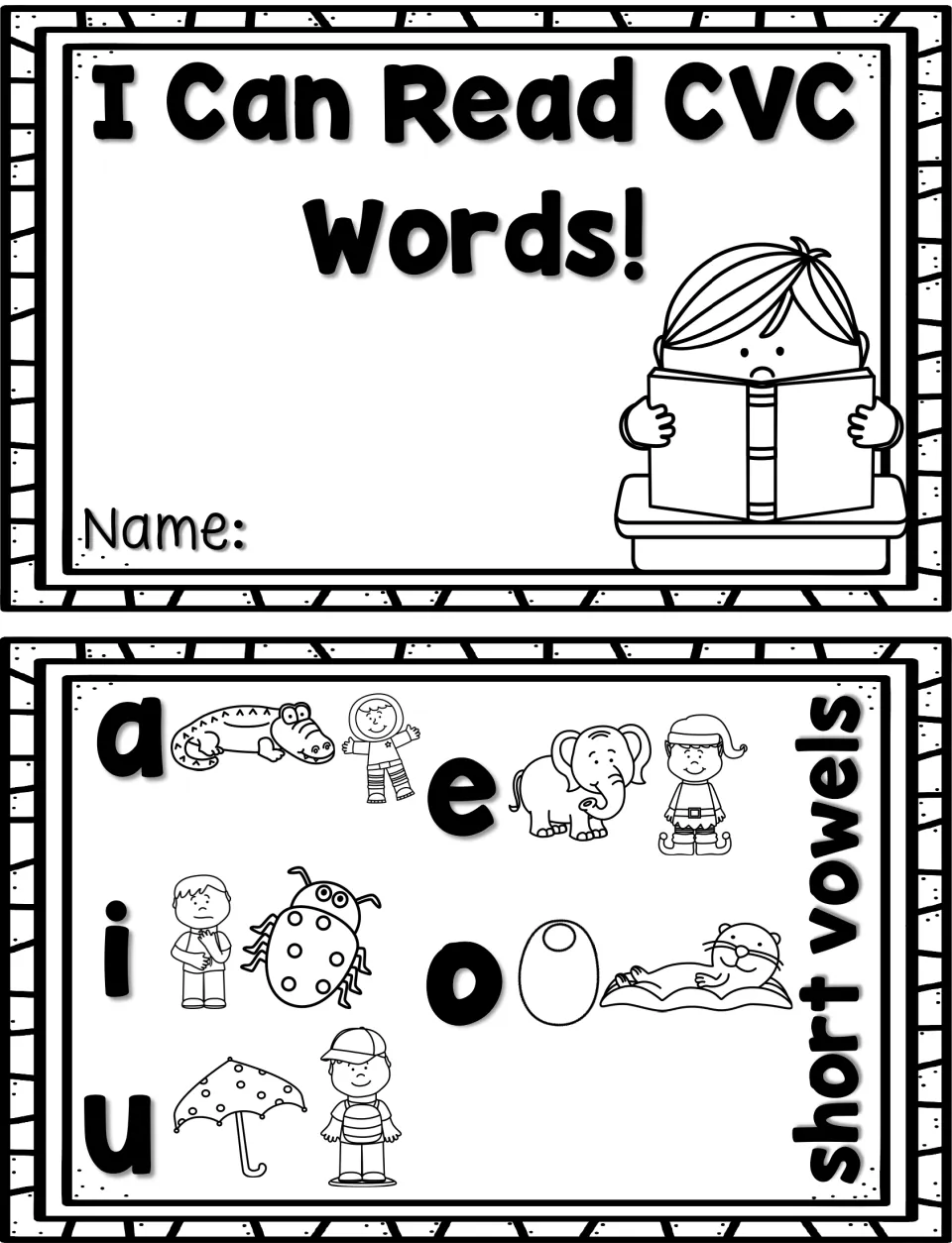 I Can Read CVC Words! cover with a name line, plus a short vowels key pairing a, e, i, o and u with picture cues
