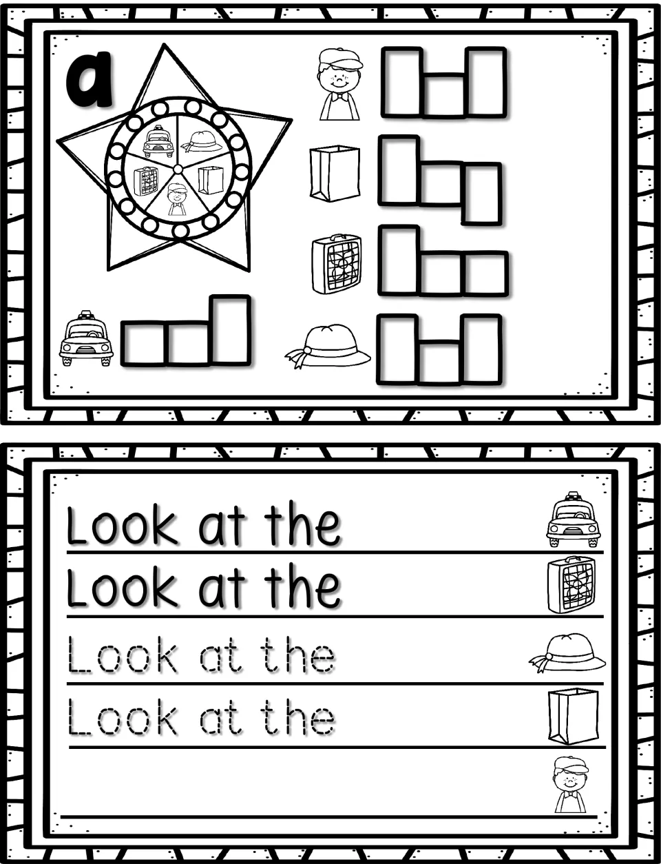 Short a: students spell cab, fan, hat and bag from picture clues by word shape, then trace Look at the sentences