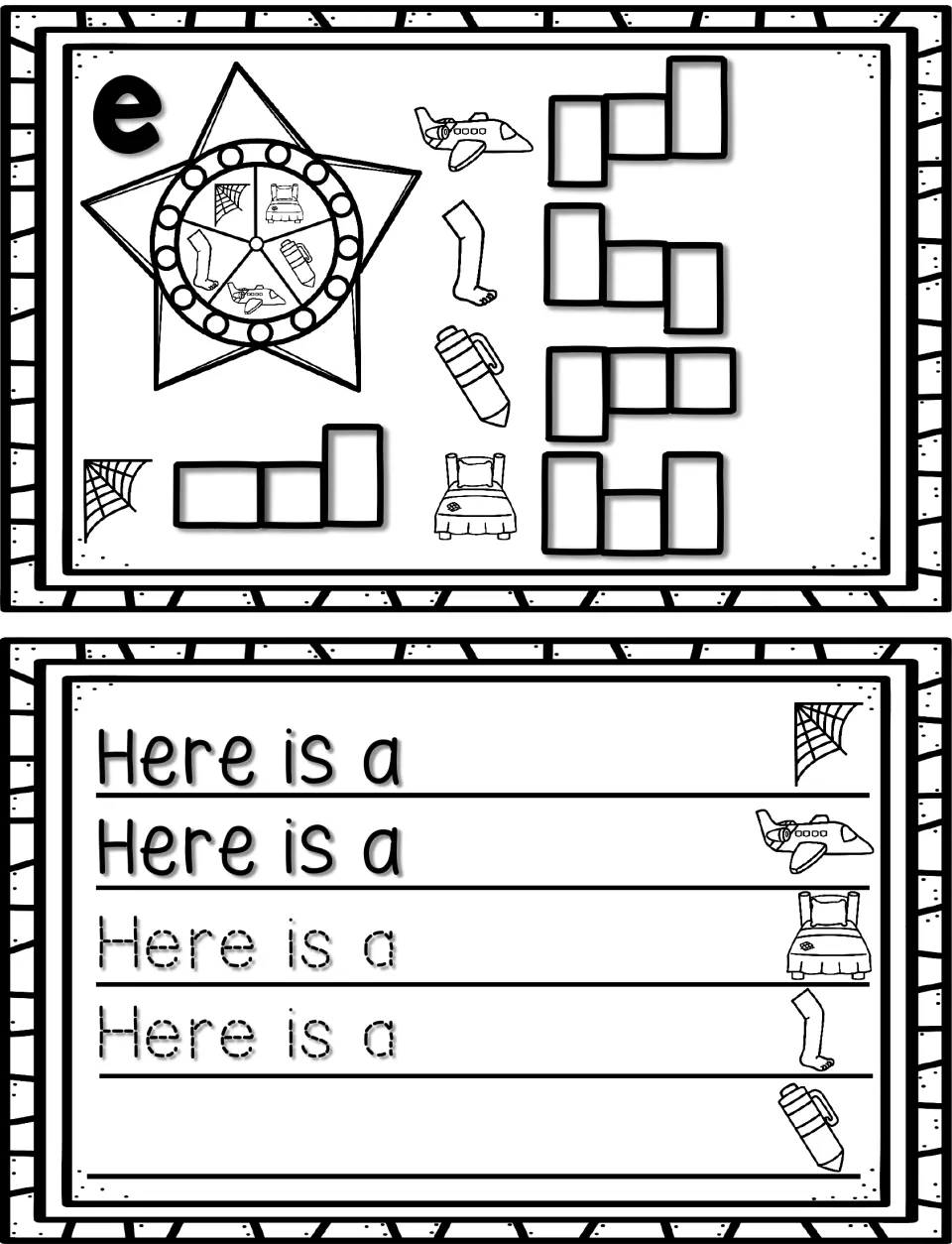 Short e: students spell web, jet, leg, pen and bed by word shape, then trace and complete Here is a sentences