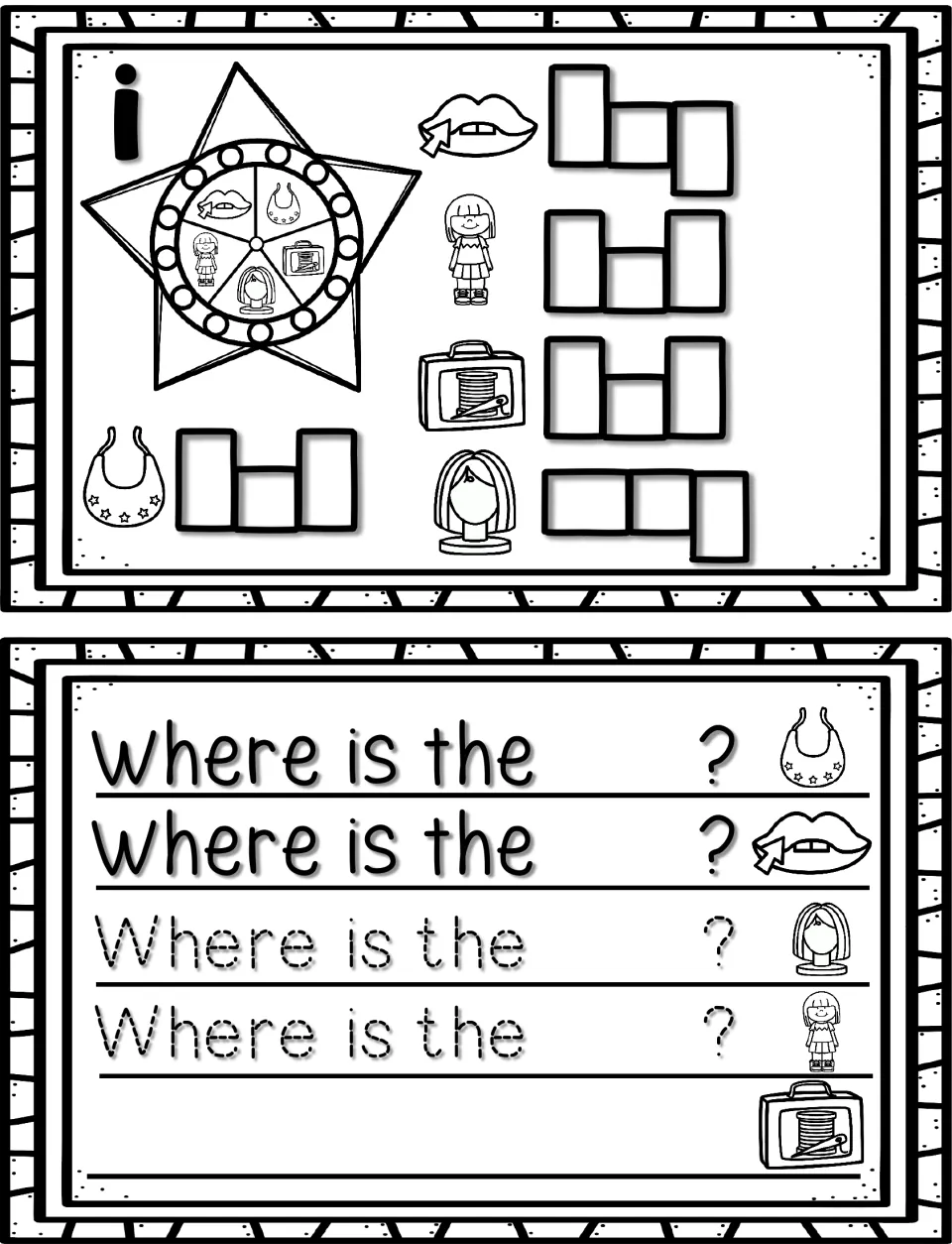 Short i: students spell lip, bib, kit and wig from pictures by word shape, then trace and finish Where is the ? sentences