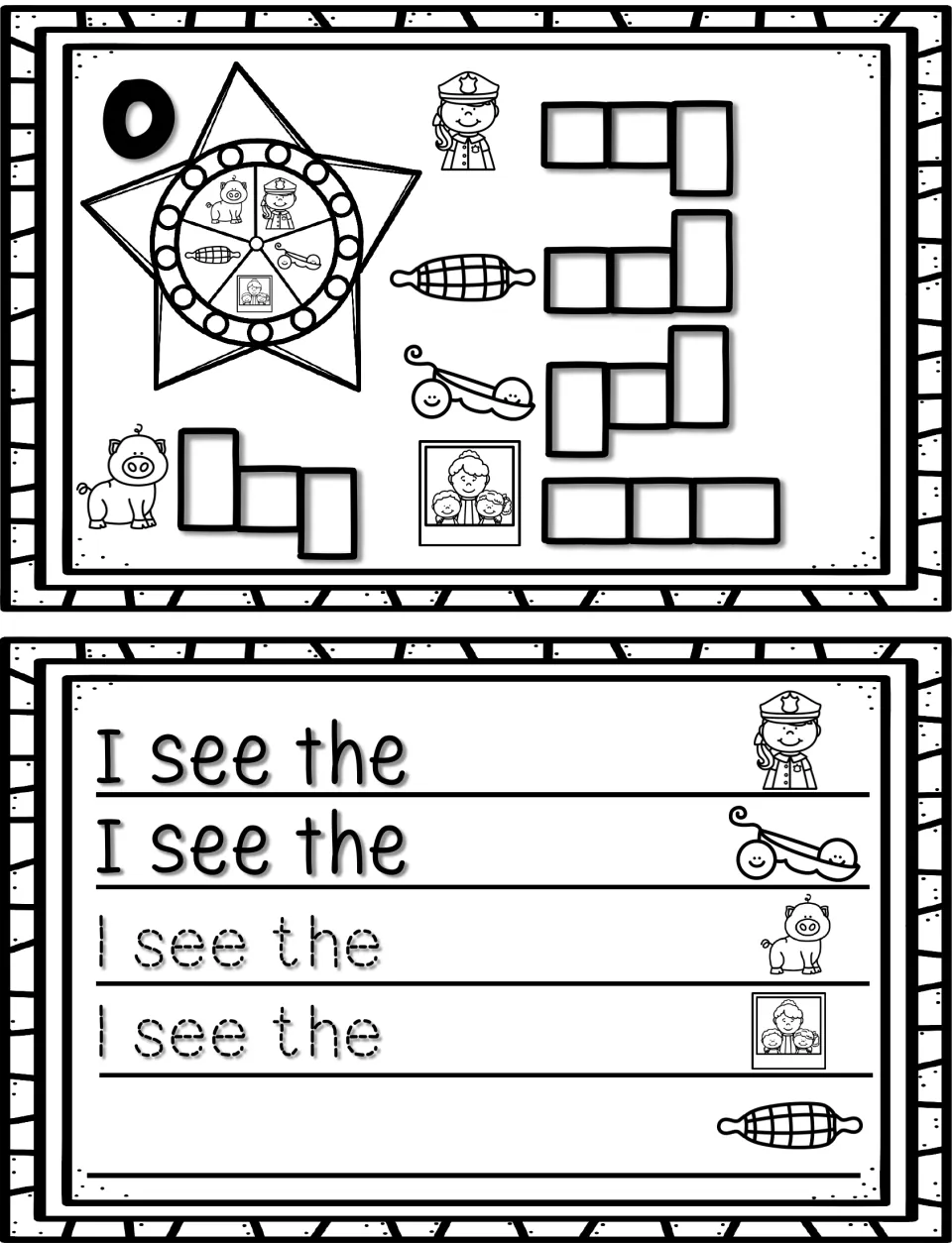 Short o: students spell cop, cob, pod, hog and mom by word shape, then trace and complete I see the sentences