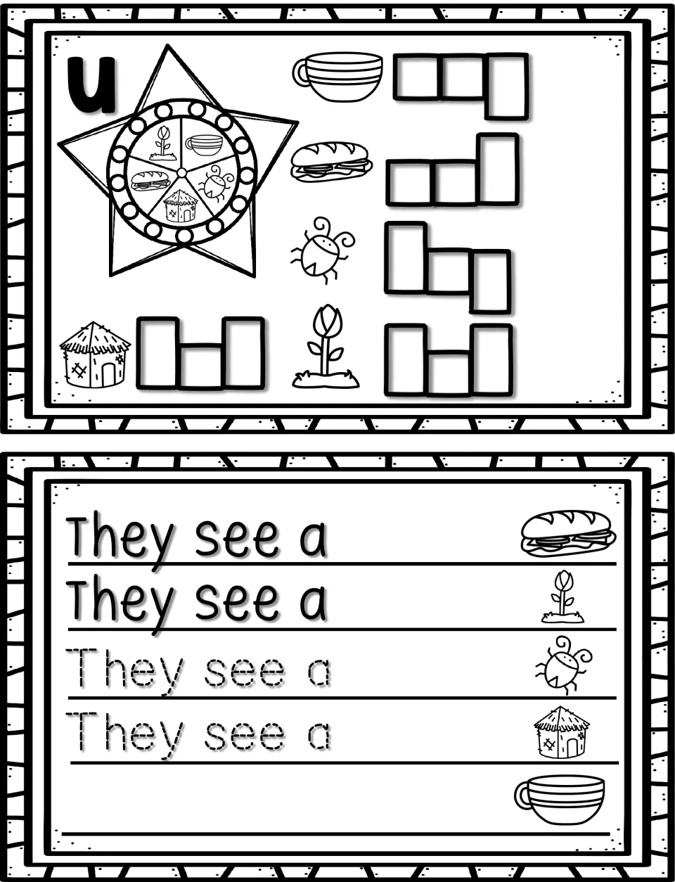 Short u: students spell cup, sub, bug, hut and bud by word shape, then trace and finish They see a sentences