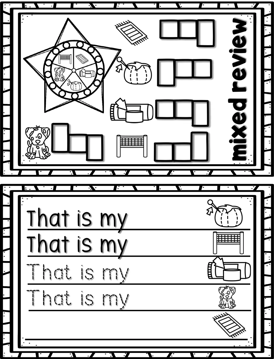 Mixed short vowel review: students spell CVC picture words such as rug, pin, net and pup, then trace That is my sentences