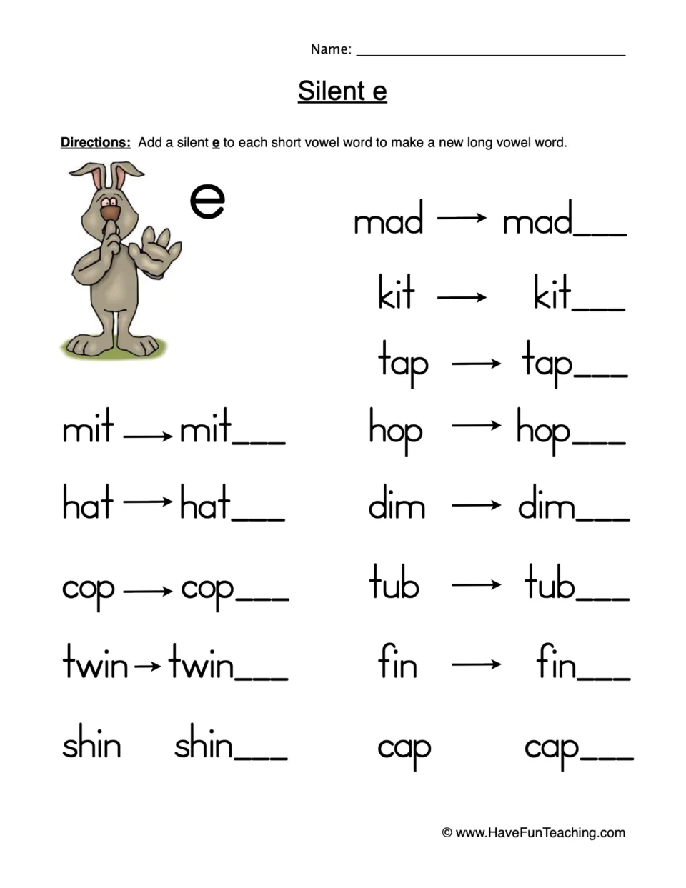 Silent e: students add a silent e to 13 short vowel words like mad, kit, hop and tub to write new long vowel words