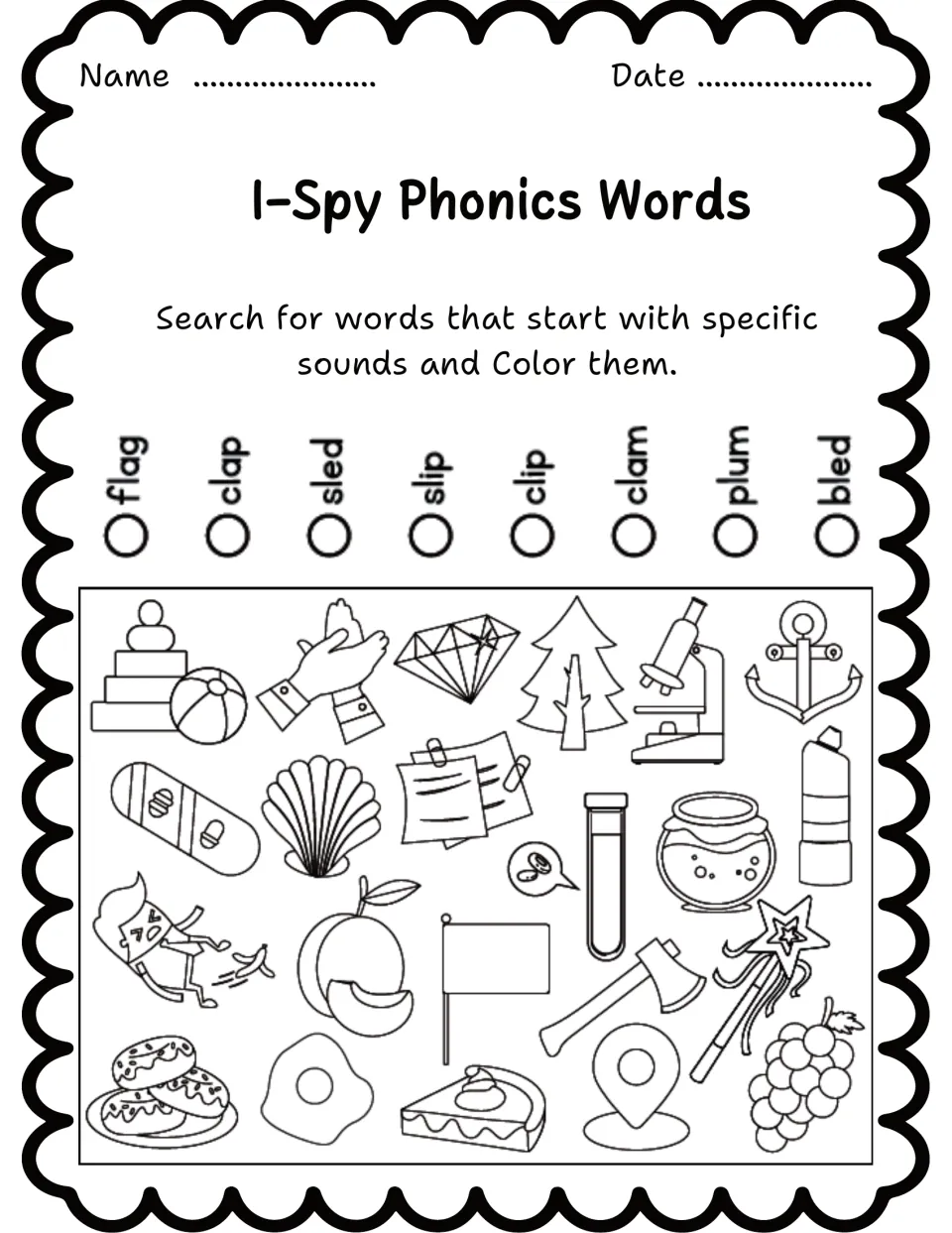 Phonics search-and-color worksheet 1 lists flag, clap, sled, slip, clip, clam, plum, and bled above pictures.