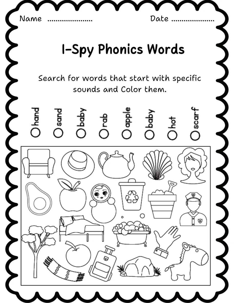 Phonics search-and-color worksheet 2 lists hand, sand, baby, rab, apple, baby, hat, and scarf above pictures.