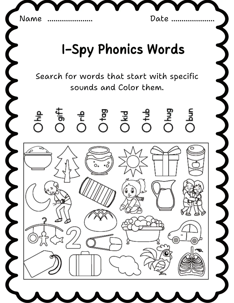 Phonics search-and-color worksheet 3 lists hip, gift, rib, tag, kid, tub, hug, and bun above pictures.
