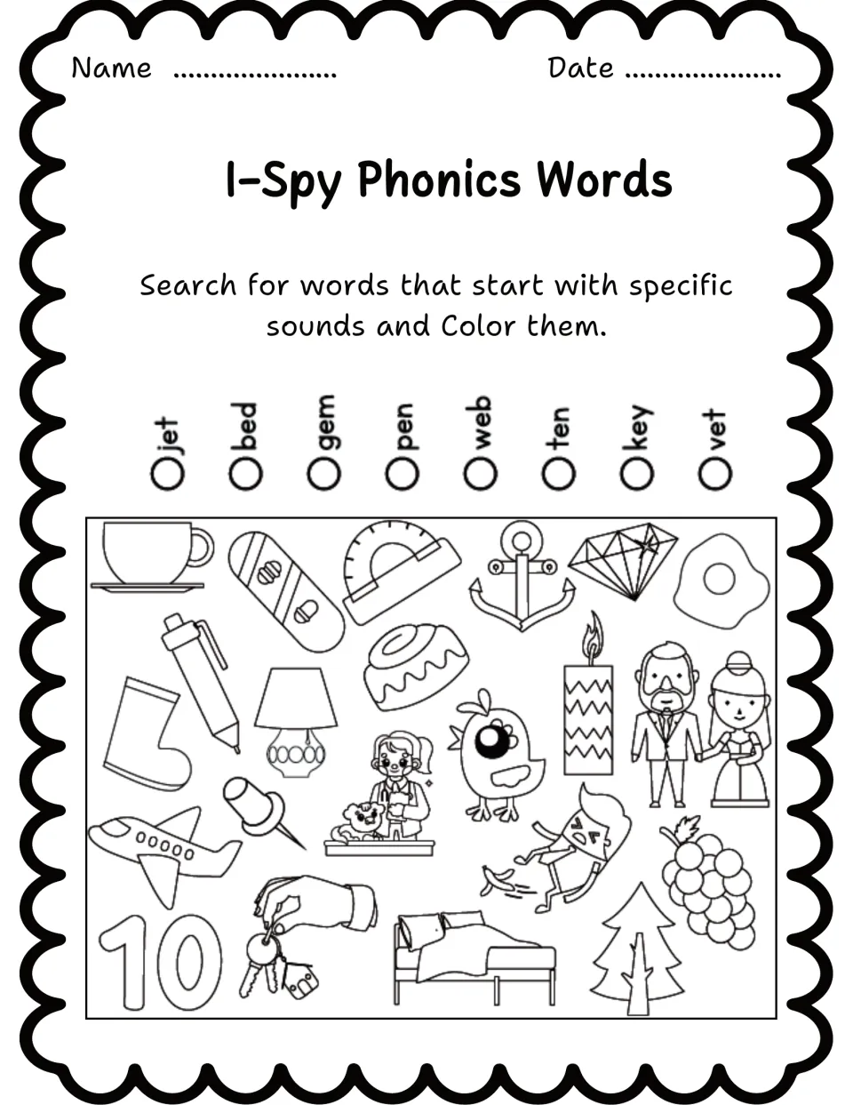 Phonics search-and-color worksheet 4 lists jet, bed, gem, pen, web, ten, key, and vet above pictures.