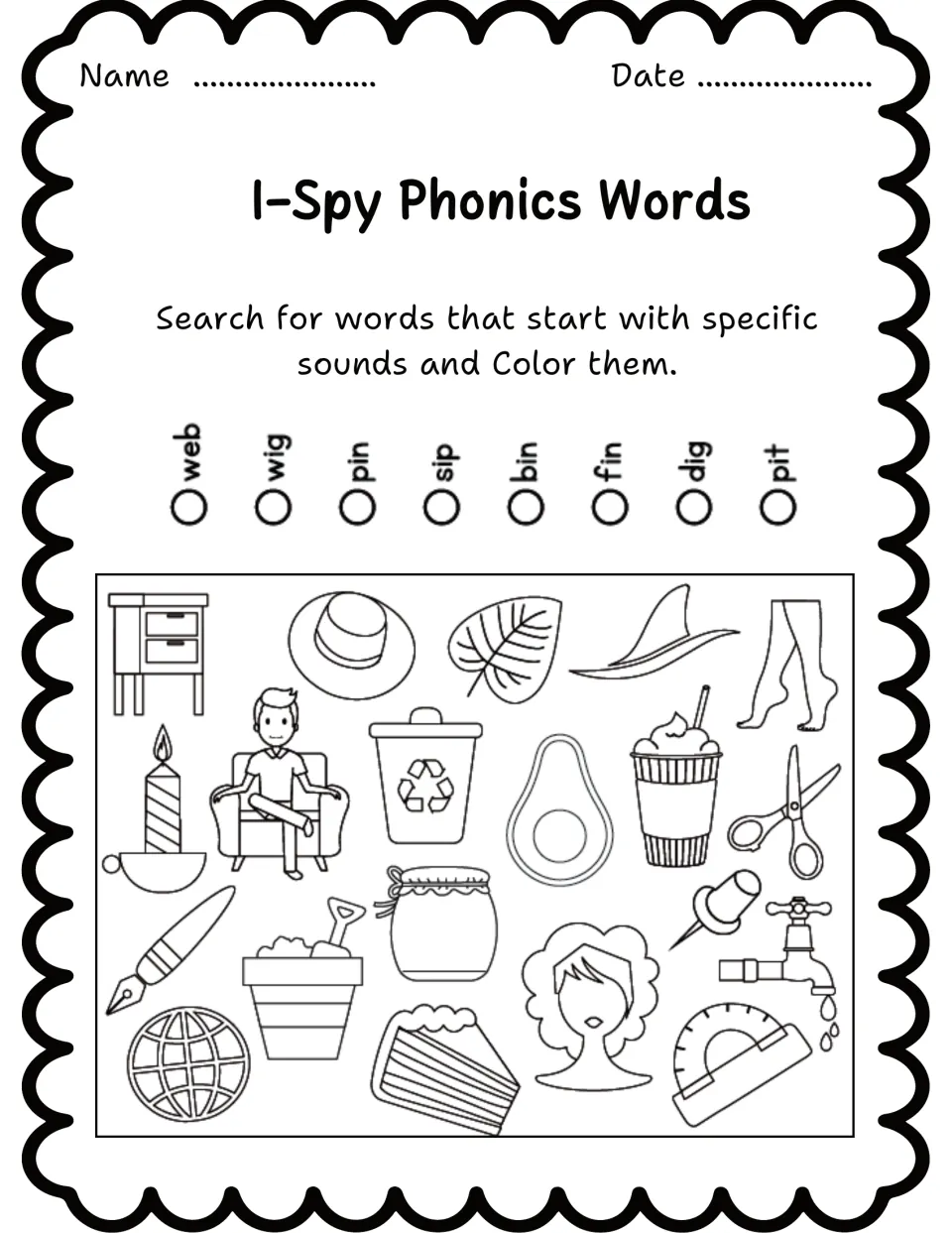 Phonics search-and-color worksheet 5 lists web, wig, pin, sip, bin, fin, dig, and pit above pictures.