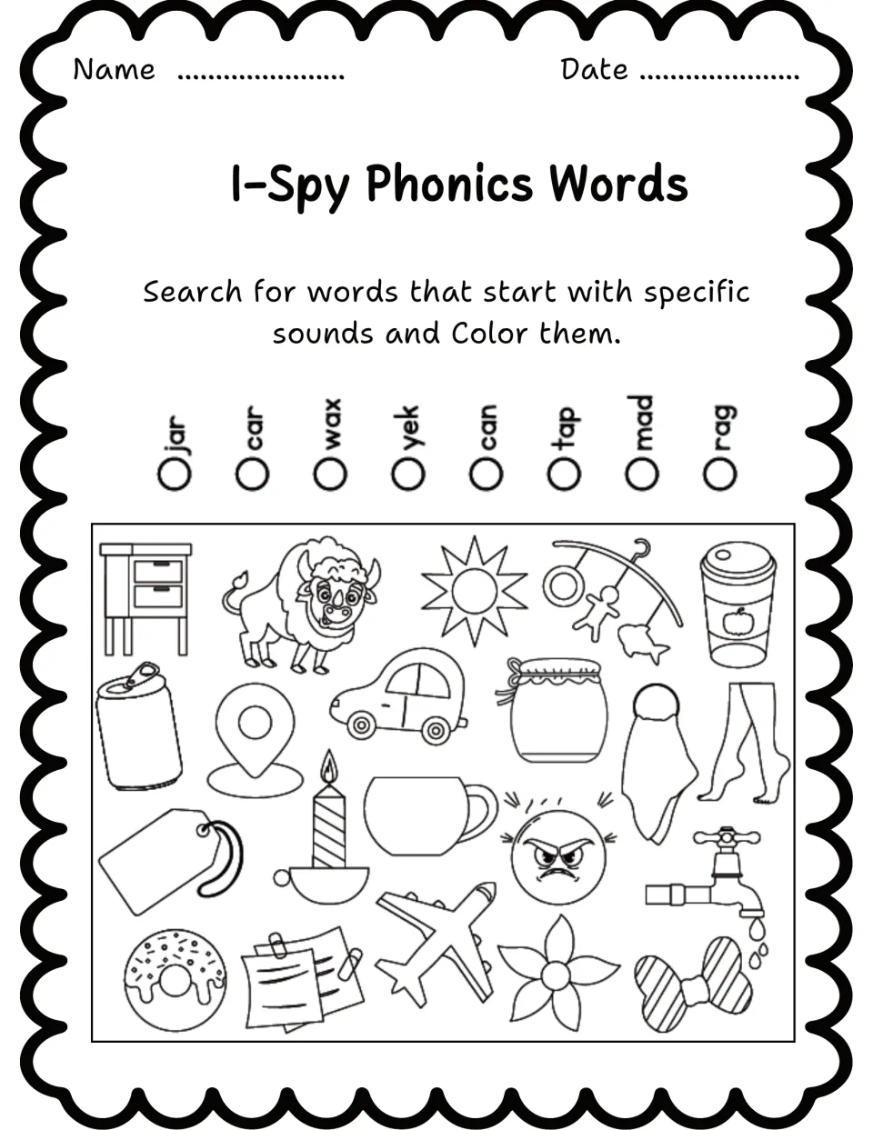 Phonics search-and-color worksheet 6 lists jar, car, wax, yek, can, tap, mad, and rag above pictures.