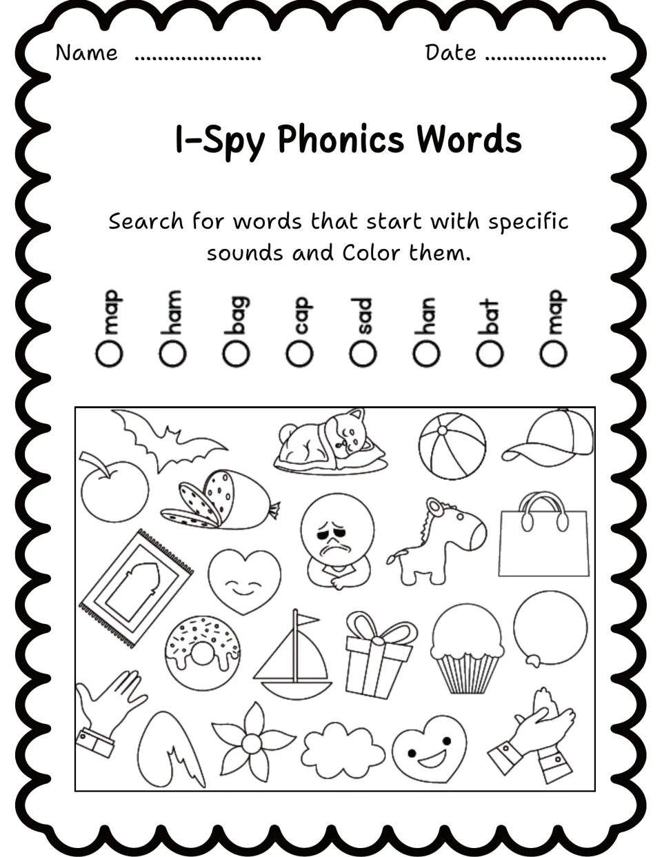 Phonics search-and-color worksheet 7 lists map, ham, bag, cap, sad, han, bat, and map above pictures.