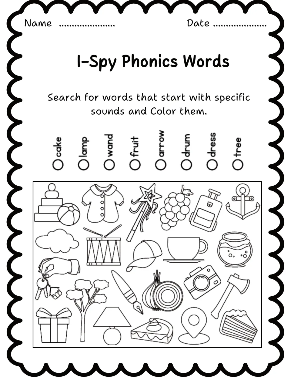 Phonics search-and-color worksheet 8 lists cake, lamp, wand, fruit, arrow, drum, dress, and tree.