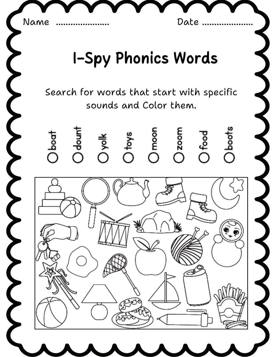 Phonics search-and-color worksheet 9 lists boat, dount, yolk, toys, moon, zoom, food, and boots.