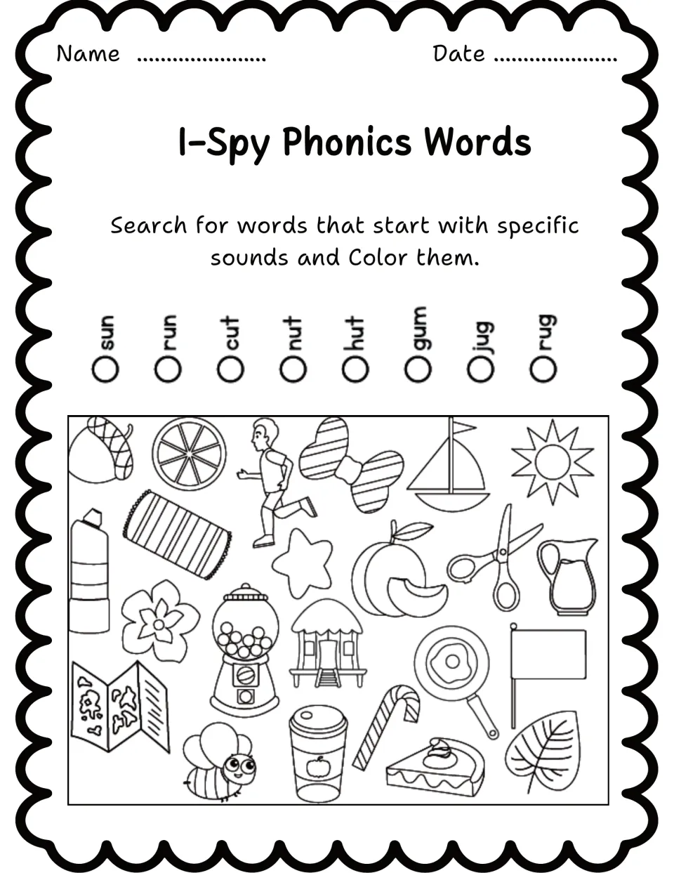 Phonics search-and-color worksheet 10 lists sun, run, cut, nut, hut, gum, jug, and rug above pictures.
