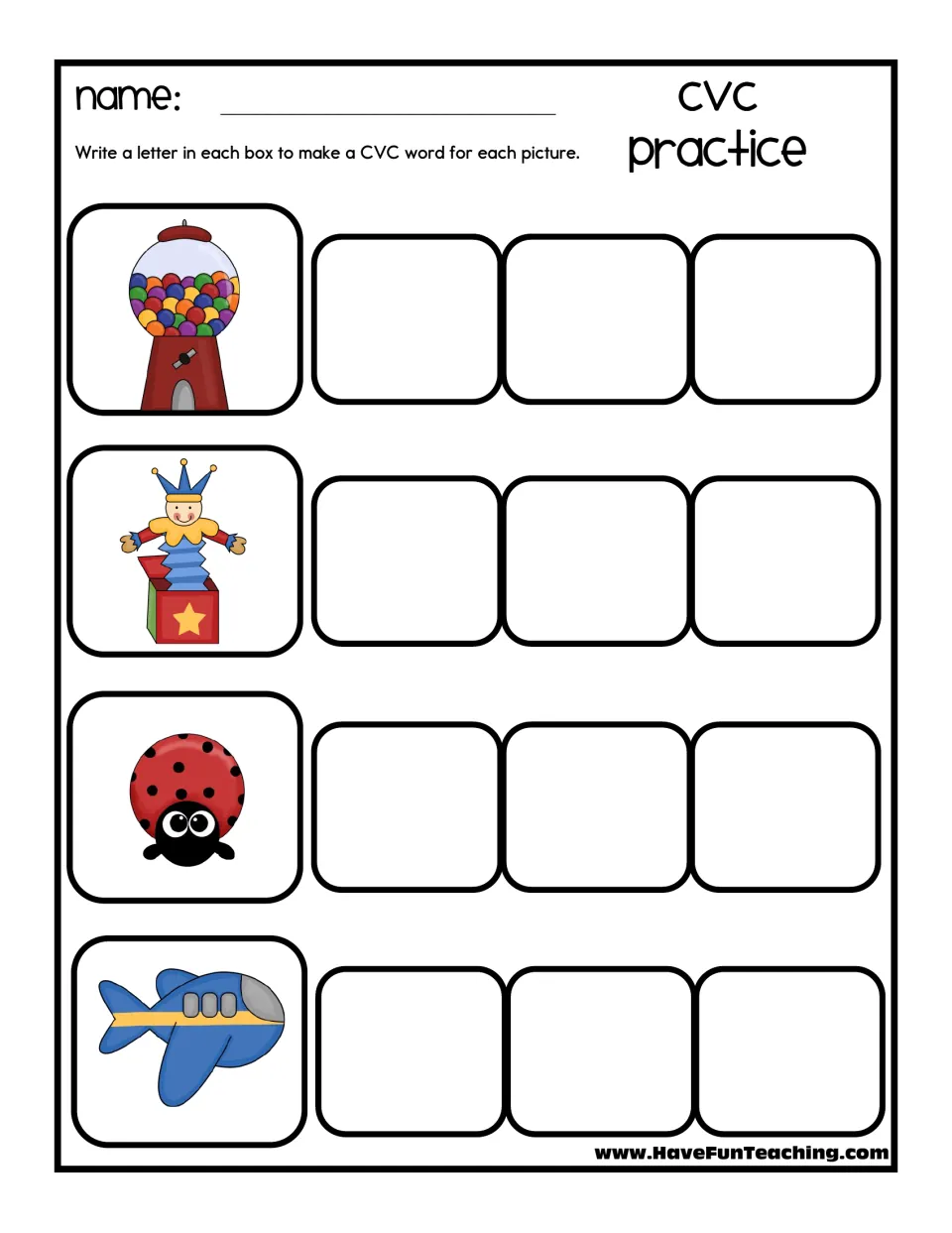 CVC word spelling: students write one letter per box to spell words for a gumball machine, jack-in-the-box, ladybug, plane