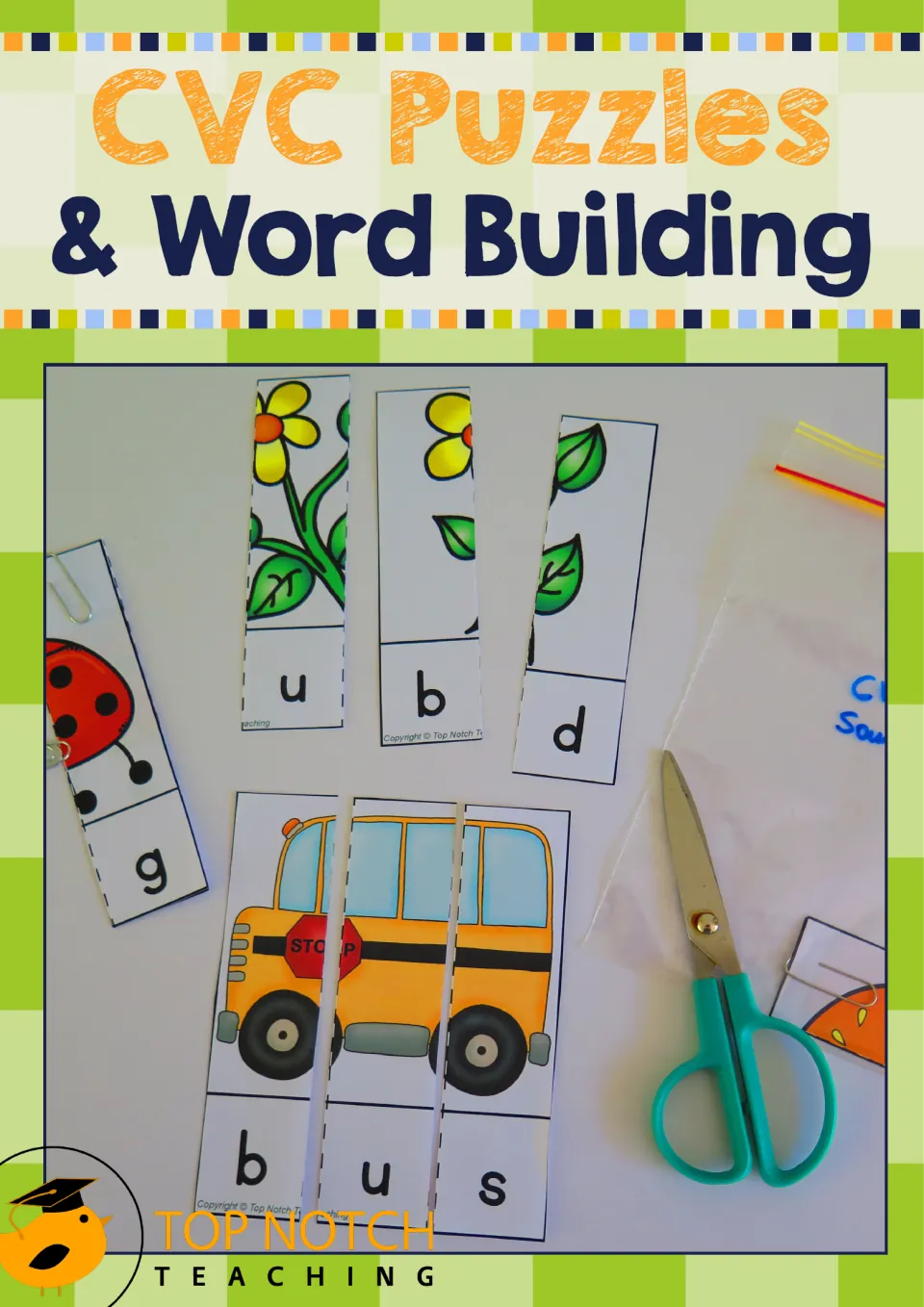 CVC Puzzles & Word Building cover: photo of picture-strip puzzles cut apart, with bus spelled b-u-s and scissors