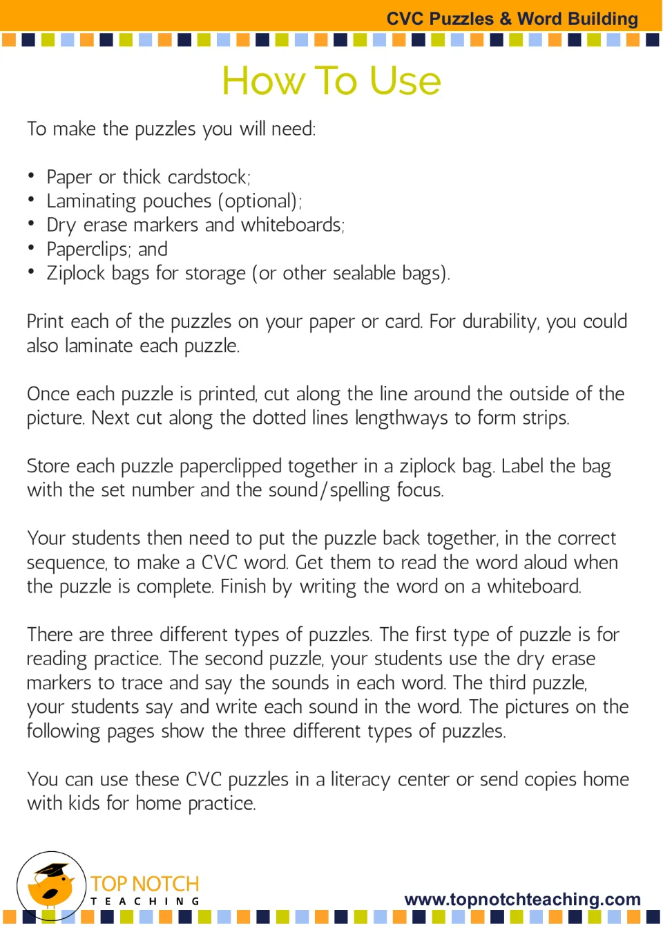 How to use: materials list and steps to print, laminate, cut puzzles into strips, store in bags and rebuild words