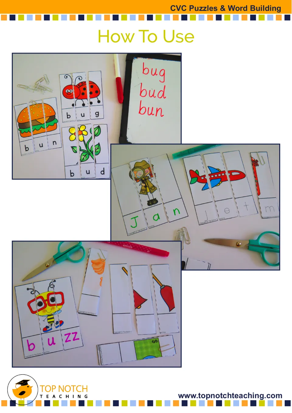 How to use: photos of the read, trace and write puzzle types built for words such as bug, bun, Jan, jet and buzz