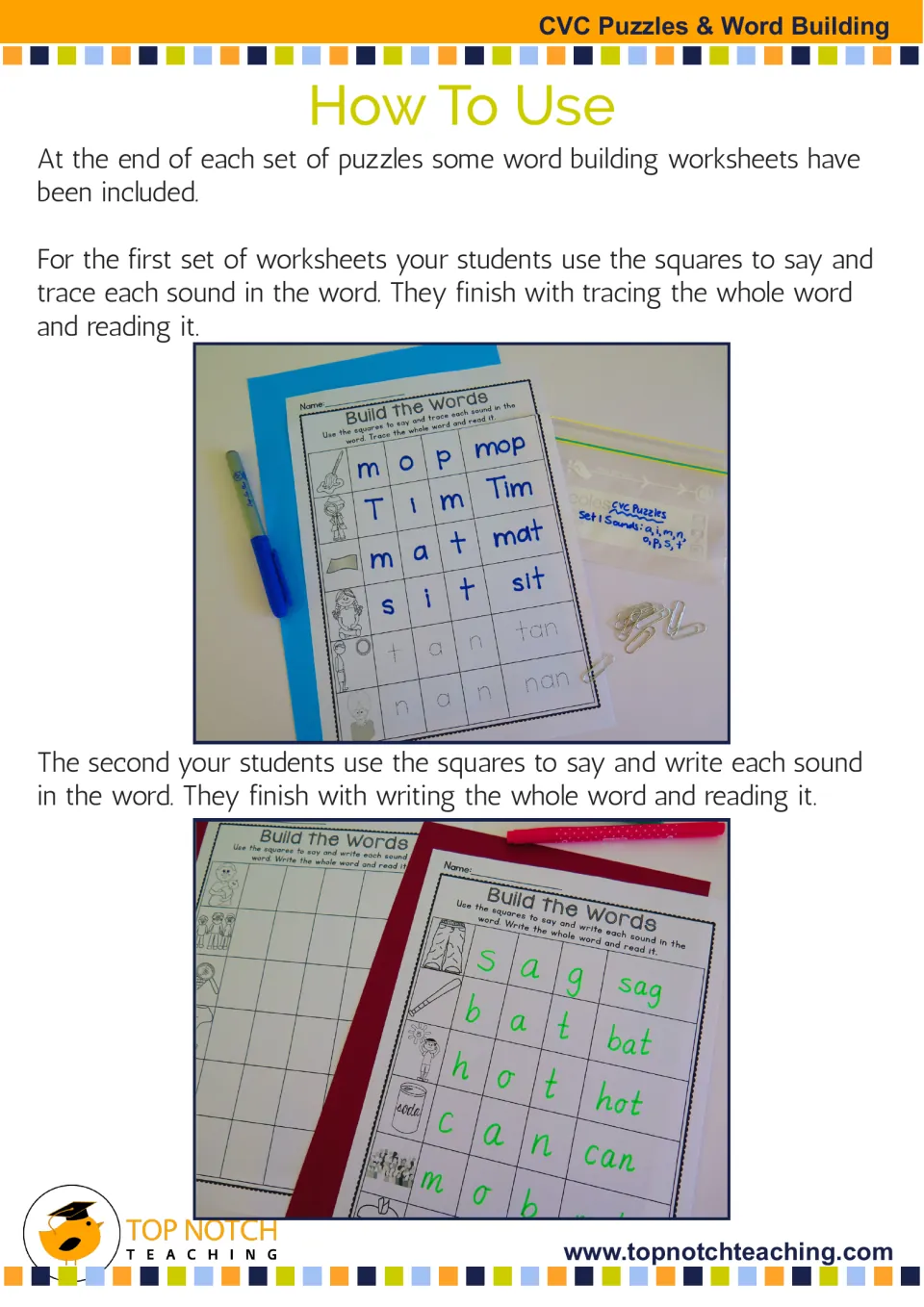 How to use the Build the Words sheets: students say and trace sounds for mop and Tim, then write sounds for sag and bat