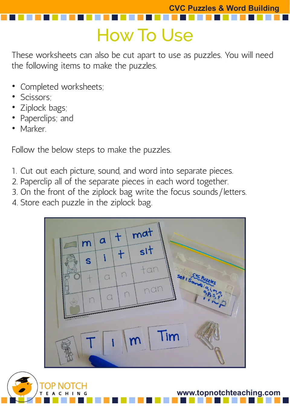 How to use: steps to cut completed word sheets into picture, sound and word pieces, shown with T, i, m and Tim
