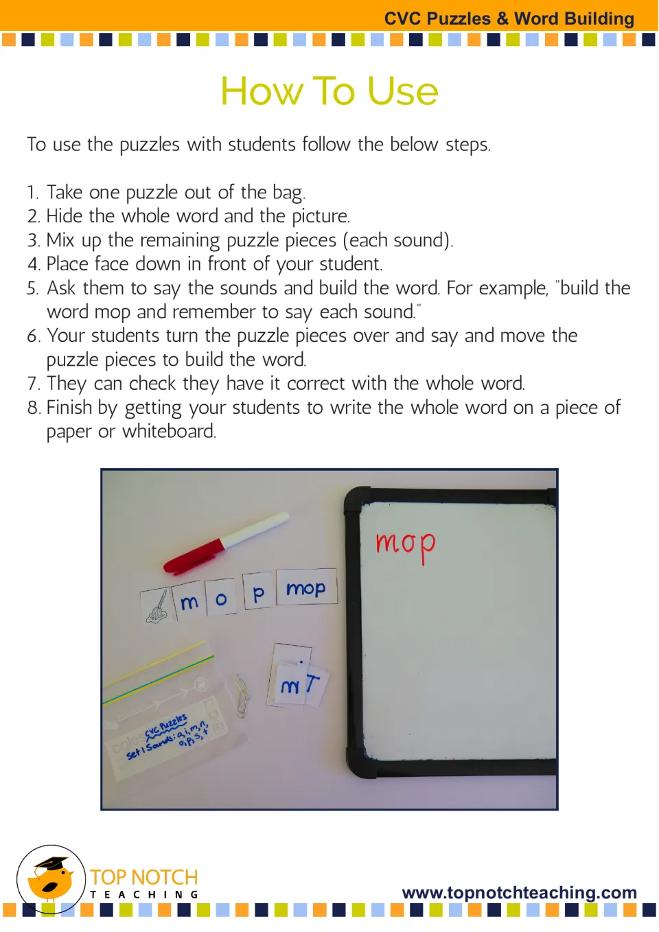 How to use: eight steps for students to mix sound pieces, say each sound and build a word like mop, then write it