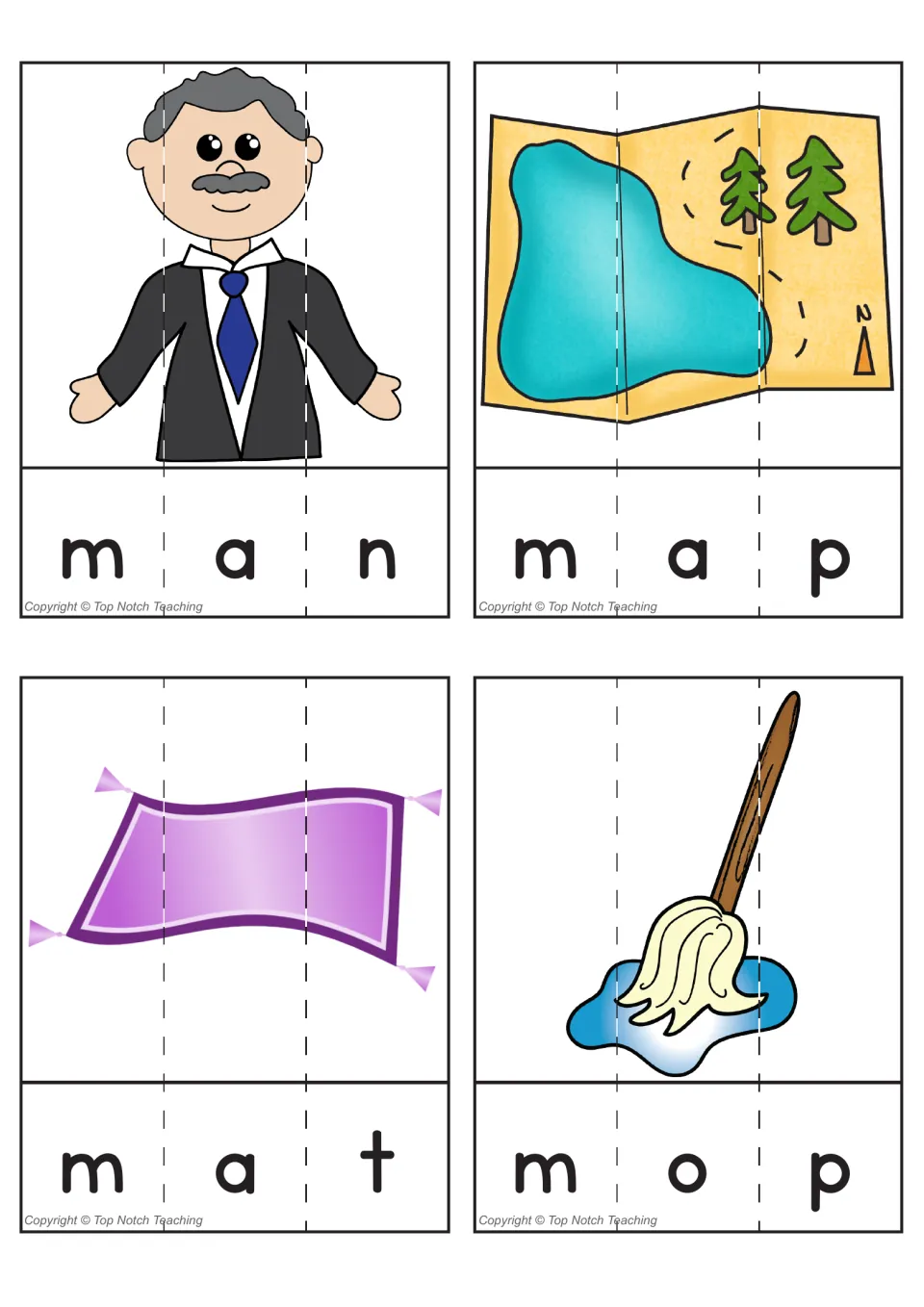 CVC picture puzzles for man, map, mat and mop: students cut each into three strips and rebuild the picture and word