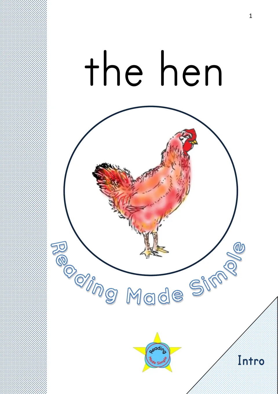 Cover of the phonics reader 'the hen,' featuring a red hen and the labels 'Reading Made Simple' and 'Intro'