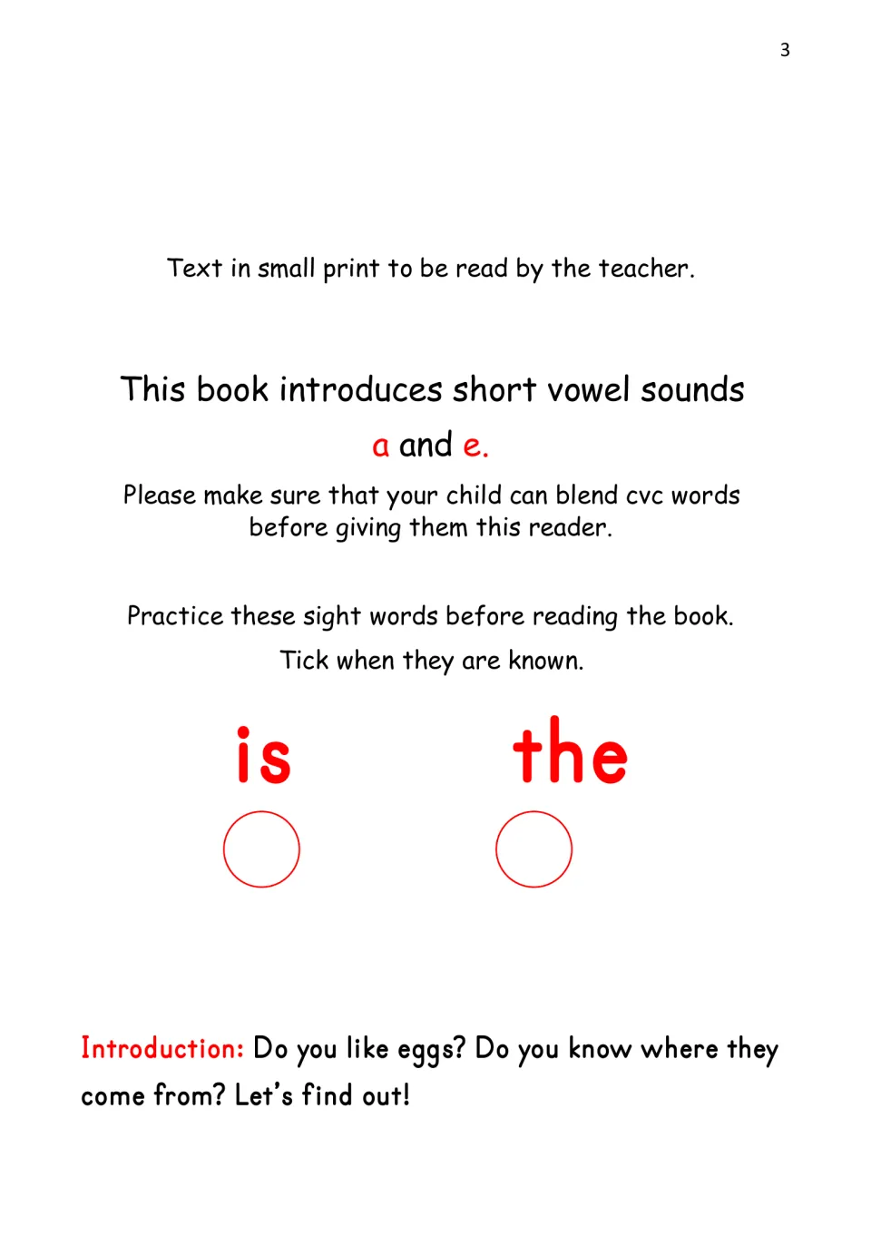 Teacher preparation page introduces short a and e, CVC blending, and sight words 'is' and 'the' to practice