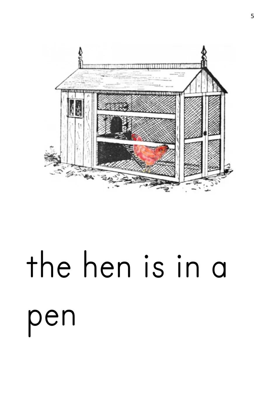Phonics story page reads 'the hen is in a pen' and illustrates the red hen inside an enclosed chicken pen